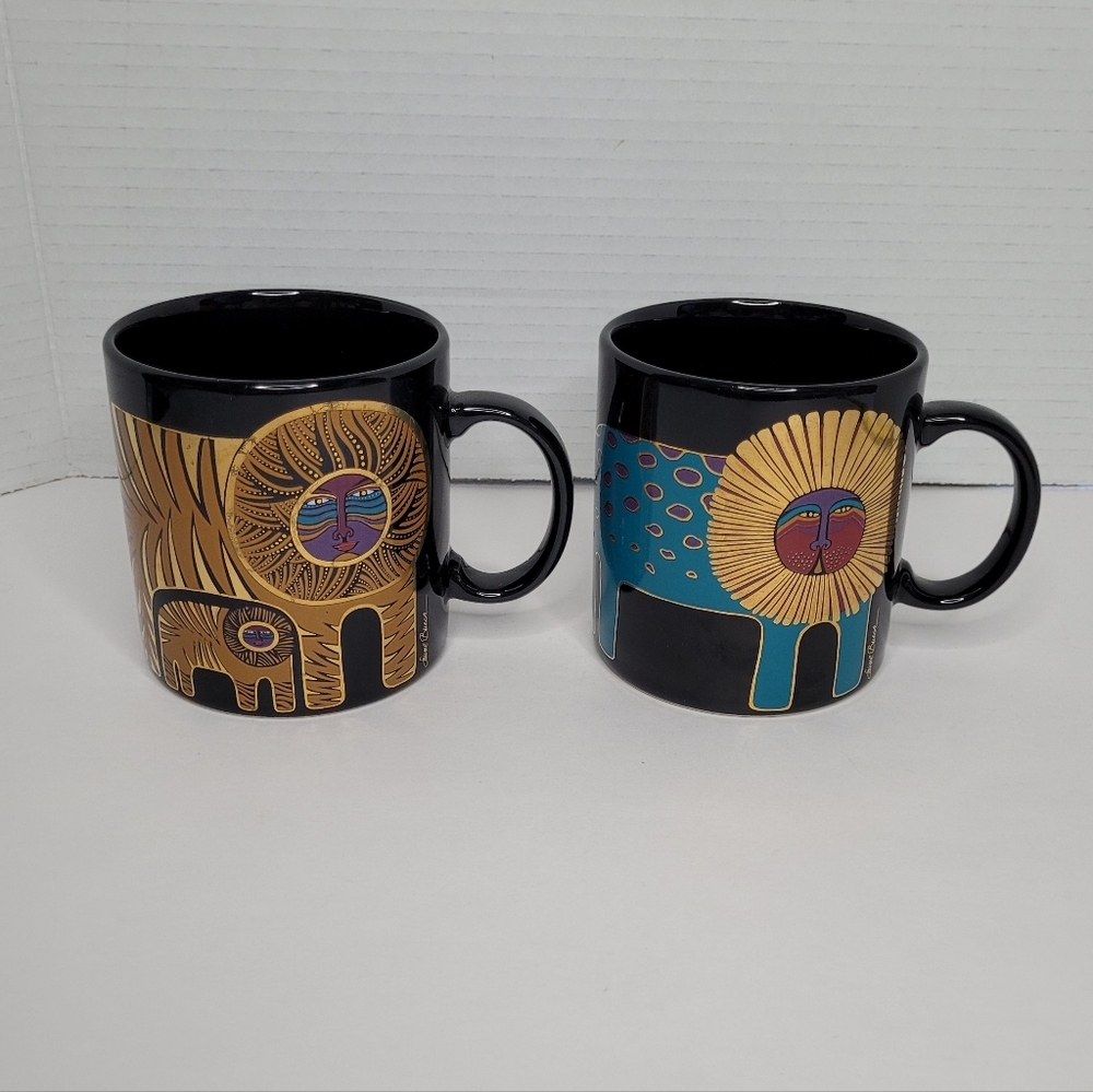 Laurel Burch Lion Art Gold Accented Ceramic Mugs Set of Two